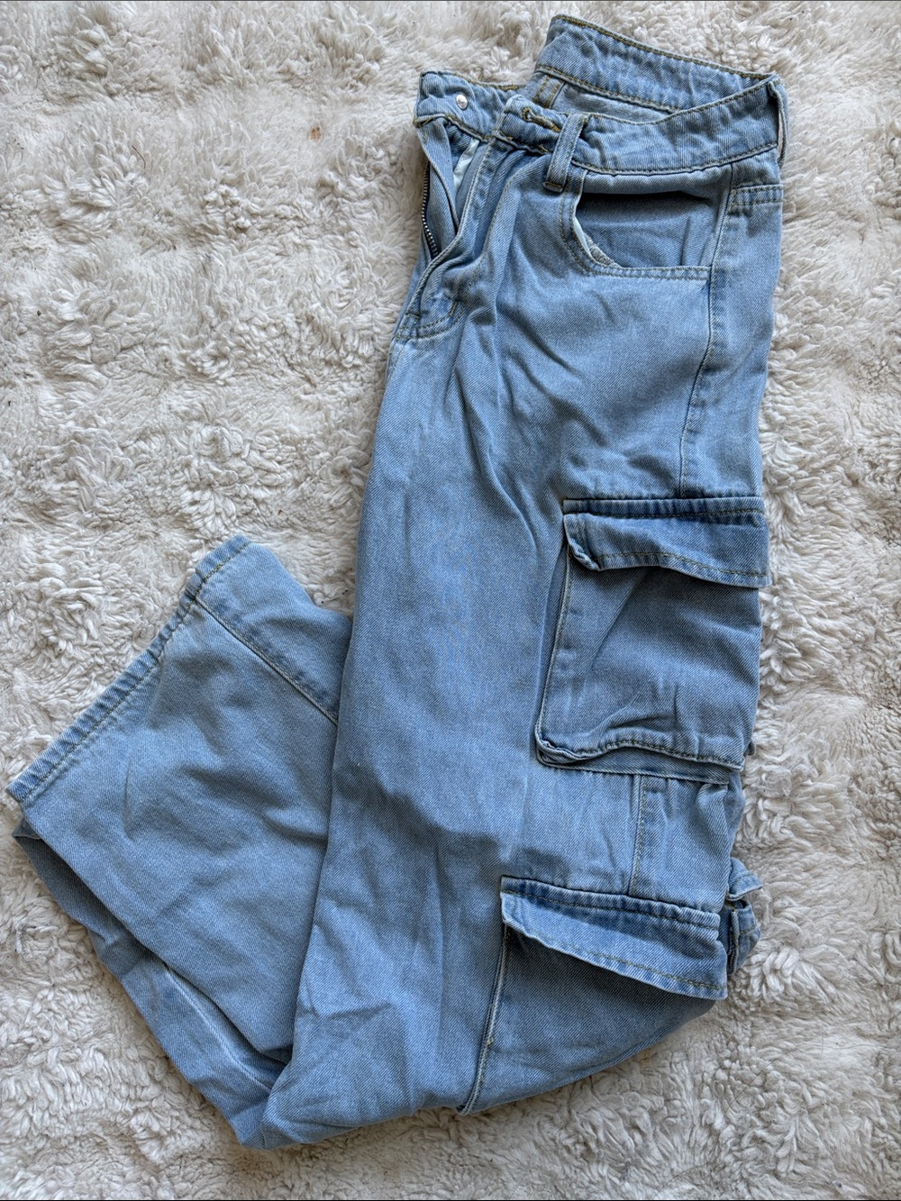 Light Wash Denim Cargo Pants - Blue